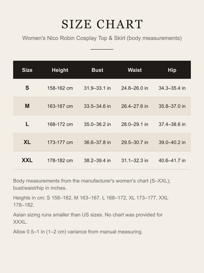 Size chart for the women's Nico Robin cosplay costume: height, bust, waist and hip for S to XXL