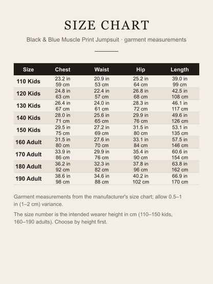 Size chart for the black and blue muscle print jumpsuit: chest, waist, hip and length for kids 110–150 and adults 160–190 in inches and centimeters