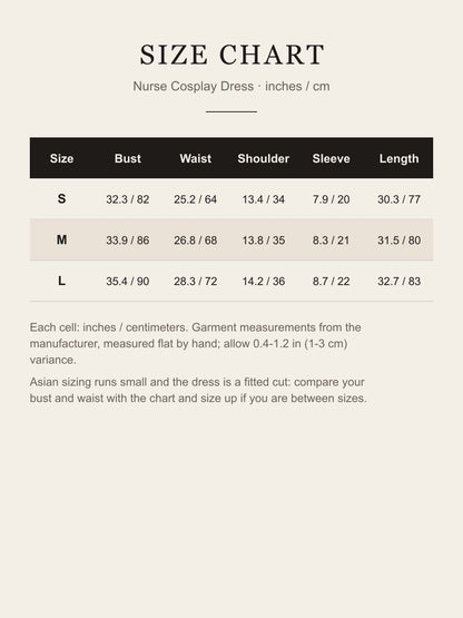 Size chart for the nurse cosplay dress, S M L, bust waist shoulder sleeve length in inches and cm