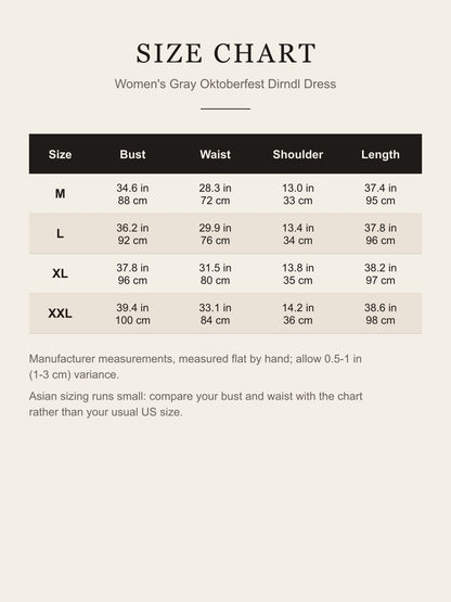Size chart for the women's gray Oktoberfest dirndl dress: bust, waist, shoulder and length for M to XXL in inches and centimeters
