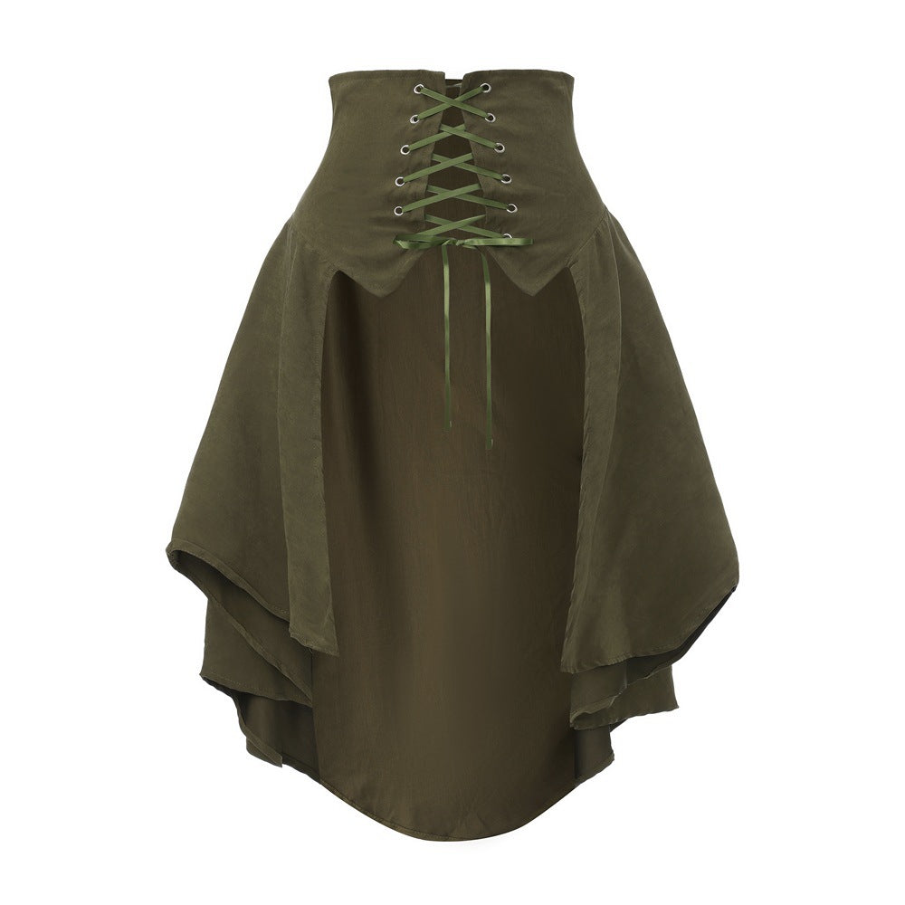 Front view of the olive green renaissance skirt on white: tall lace-up corset waistband with metal eyelets and draped high-low panels