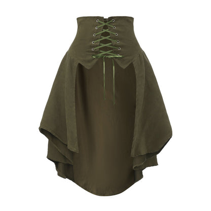 Front view of the olive green renaissance skirt on white: tall lace-up corset waistband with metal eyelets and draped high-low panels