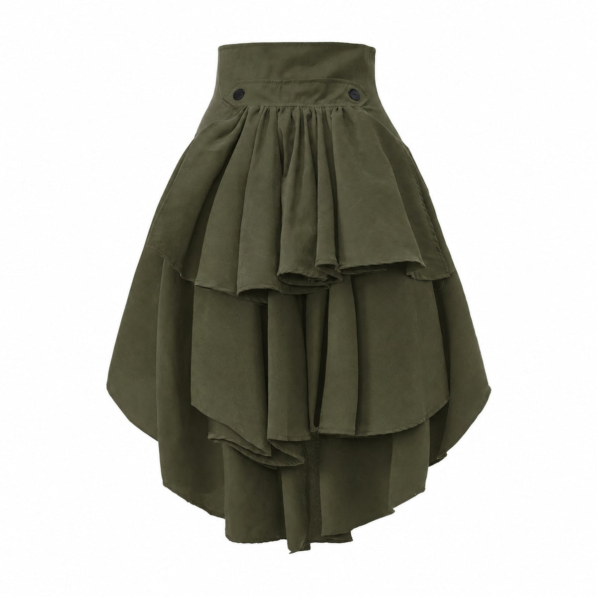 Back view of the olive green skirt: flat waistband with two buttons over tiered gathered ruffles