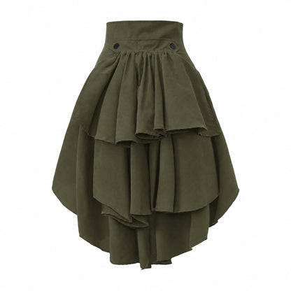 Back view of the olive green skirt: flat waistband with two buttons over tiered gathered ruffles