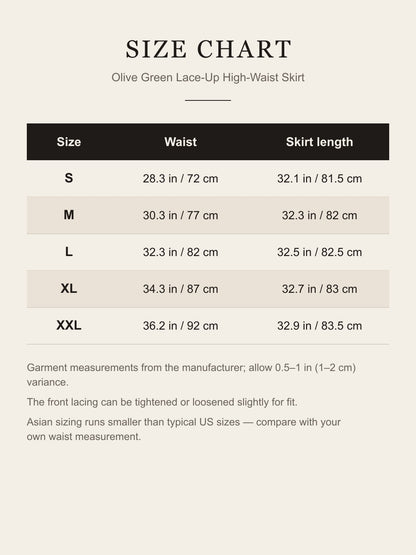 Size chart for the olive green lace-up skirt: waist and skirt length for S to XXL in inches and centimeters