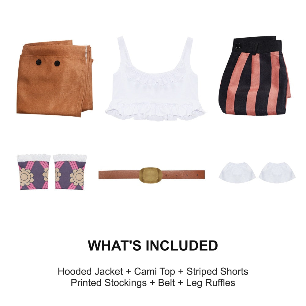 What's included: brown hooded jacket, white cami top, striped shorts, printed stockings, belt and white leg ruffles laid flat