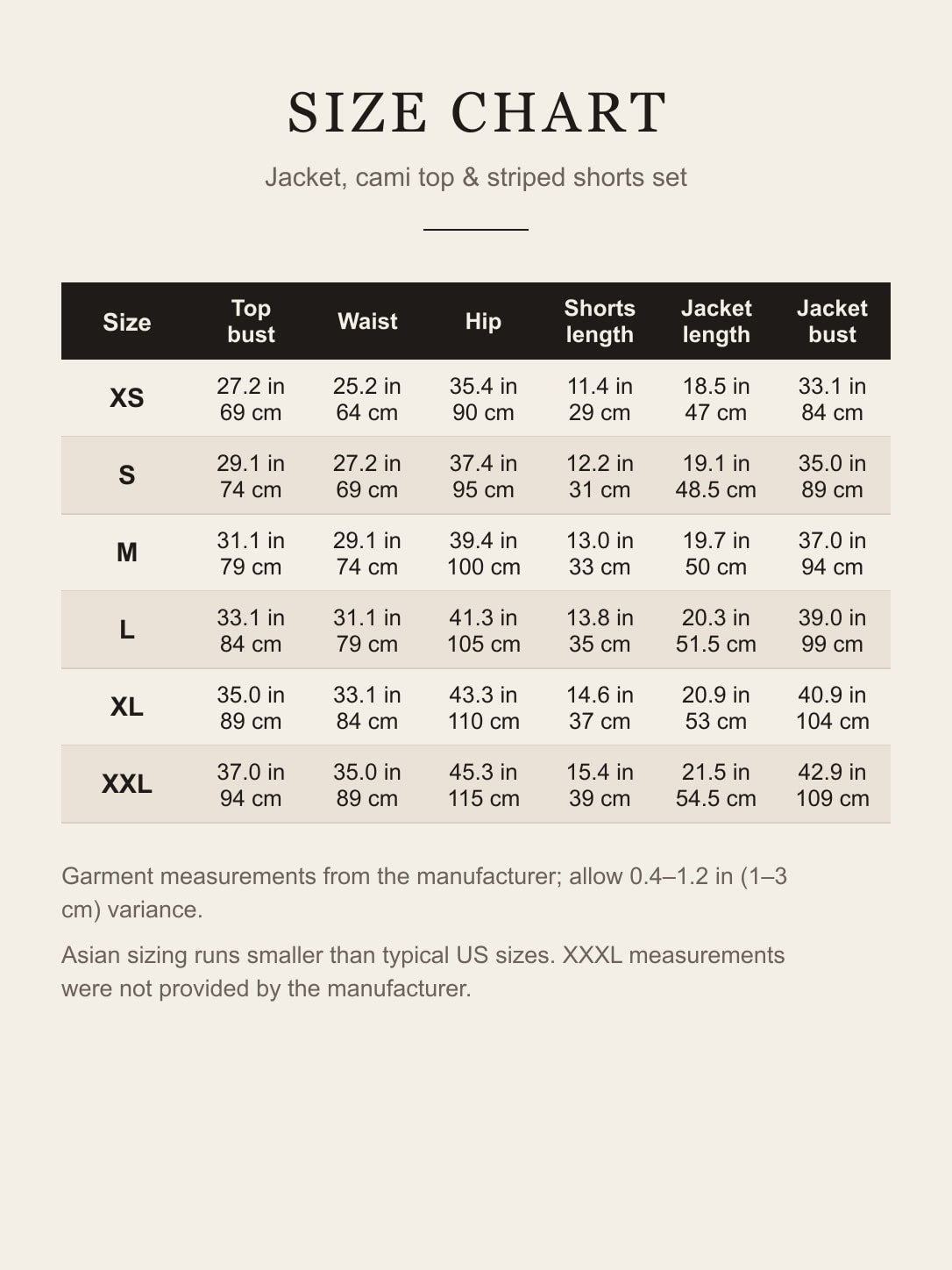 Size chart for the Bonney cosplay costume: top bust, waist, hip, shorts length, jacket length and jacket bust for XS–XXL in inches and centimeters