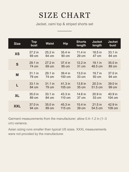 Size chart for the Bonney cosplay costume: top bust, waist, hip, shorts length, jacket length and jacket bust for XS–XXL in inches and centimeters