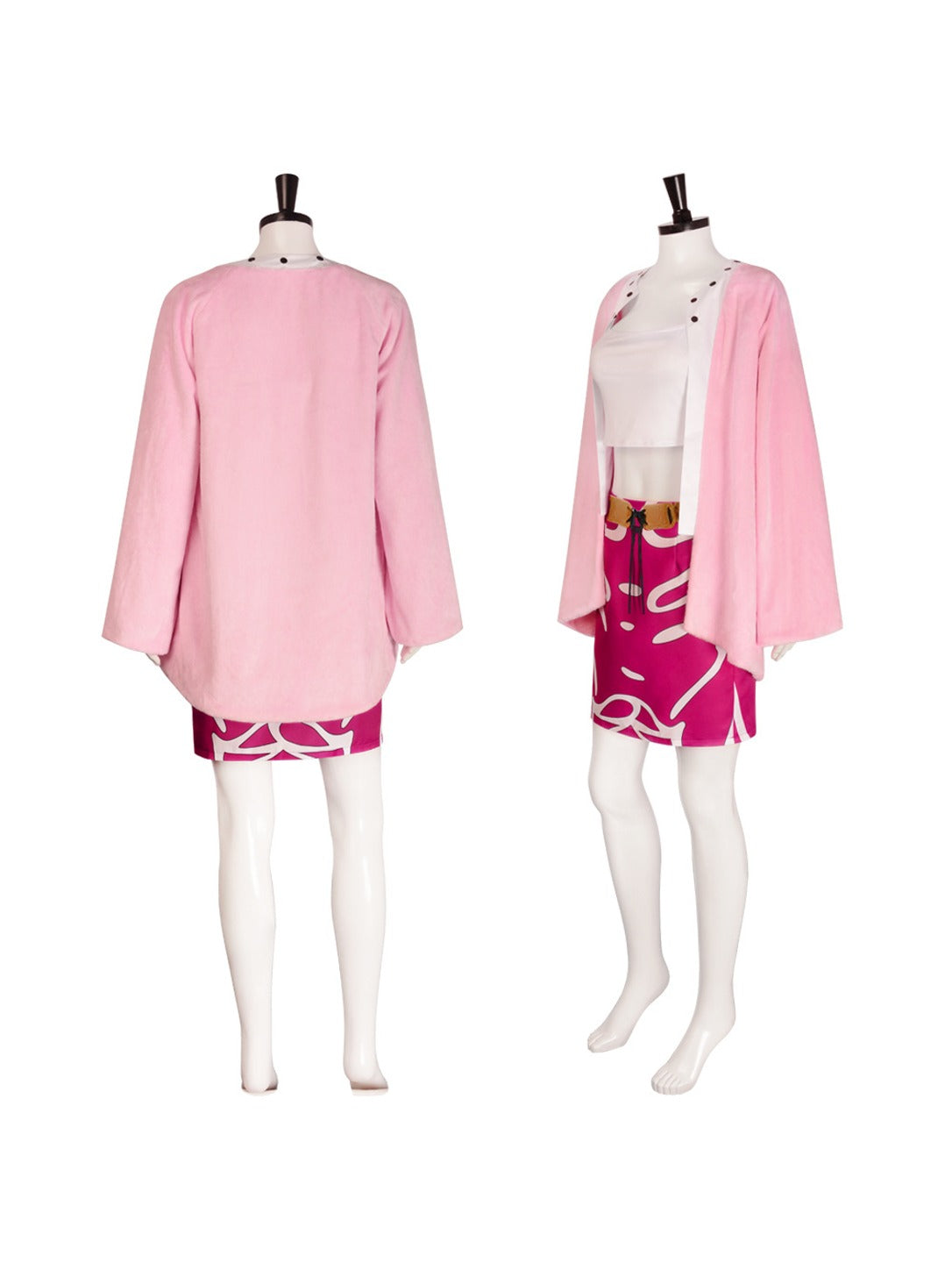 Actual product on a mannequin: back view of the pink jacket and side view showing the crop top, belt and printed skirt
