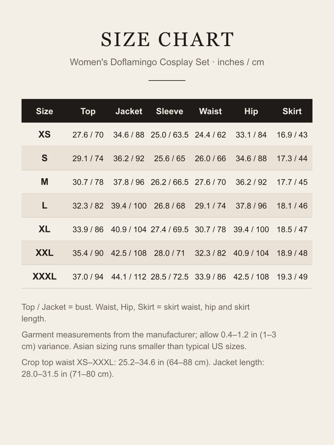 Size chart for the women's Doflamingo cosplay set XS–XXXL: top bust, jacket bust, sleeve, skirt waist, hip and skirt length in inches and cm