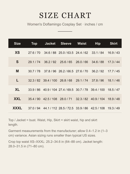 Size chart for the women's Doflamingo cosplay set XS–XXXL: top bust, jacket bust, sleeve, skirt waist, hip and skirt length in inches and cm