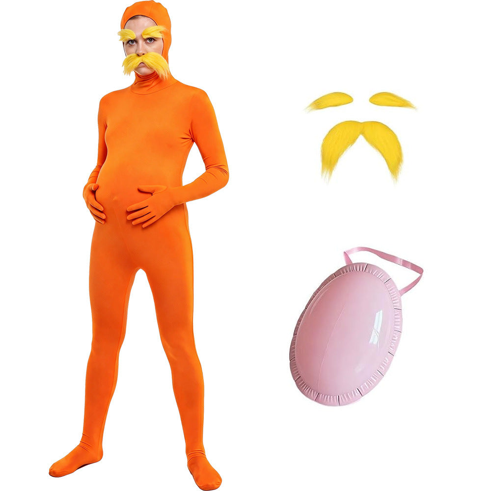 Orange jumpsuit costume worn with the pink fake belly underneath, shown with the yellow mustache, eyebrows and fake belly laid out