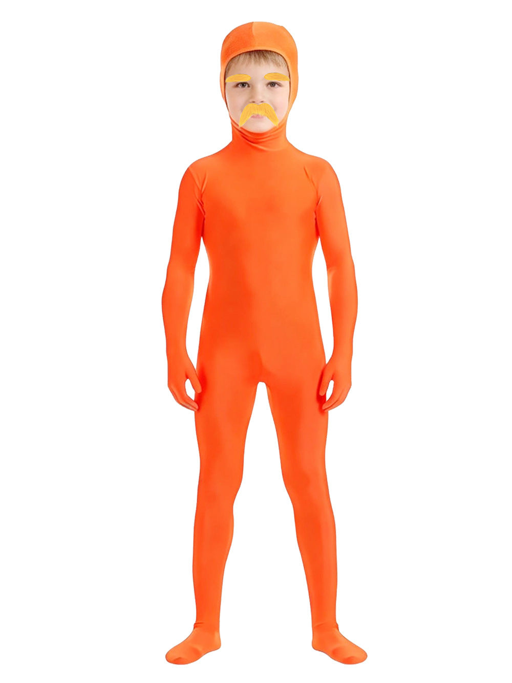 Child wearing the kids size orange full-body jumpsuit costume with yellow mustache and eyebrows