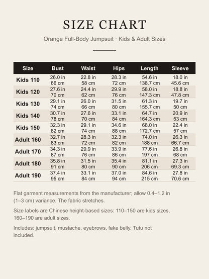 Size chart for the orange jumpsuit costume: bust, waist, hips, length and sleeve for kids 110-150 and adult 160-190 in inches and centimeters