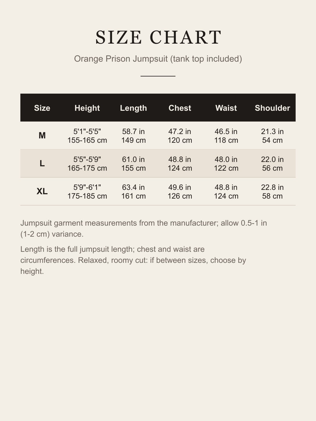 Size chart for the orange prison jumpsuit costume: height, length, chest, waist and shoulder for M, L and XL in inches and centimeters