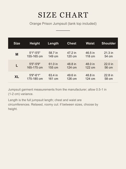 Size chart for the orange prison jumpsuit costume: height, length, chest, waist and shoulder for M, L and XL in inches and centimeters