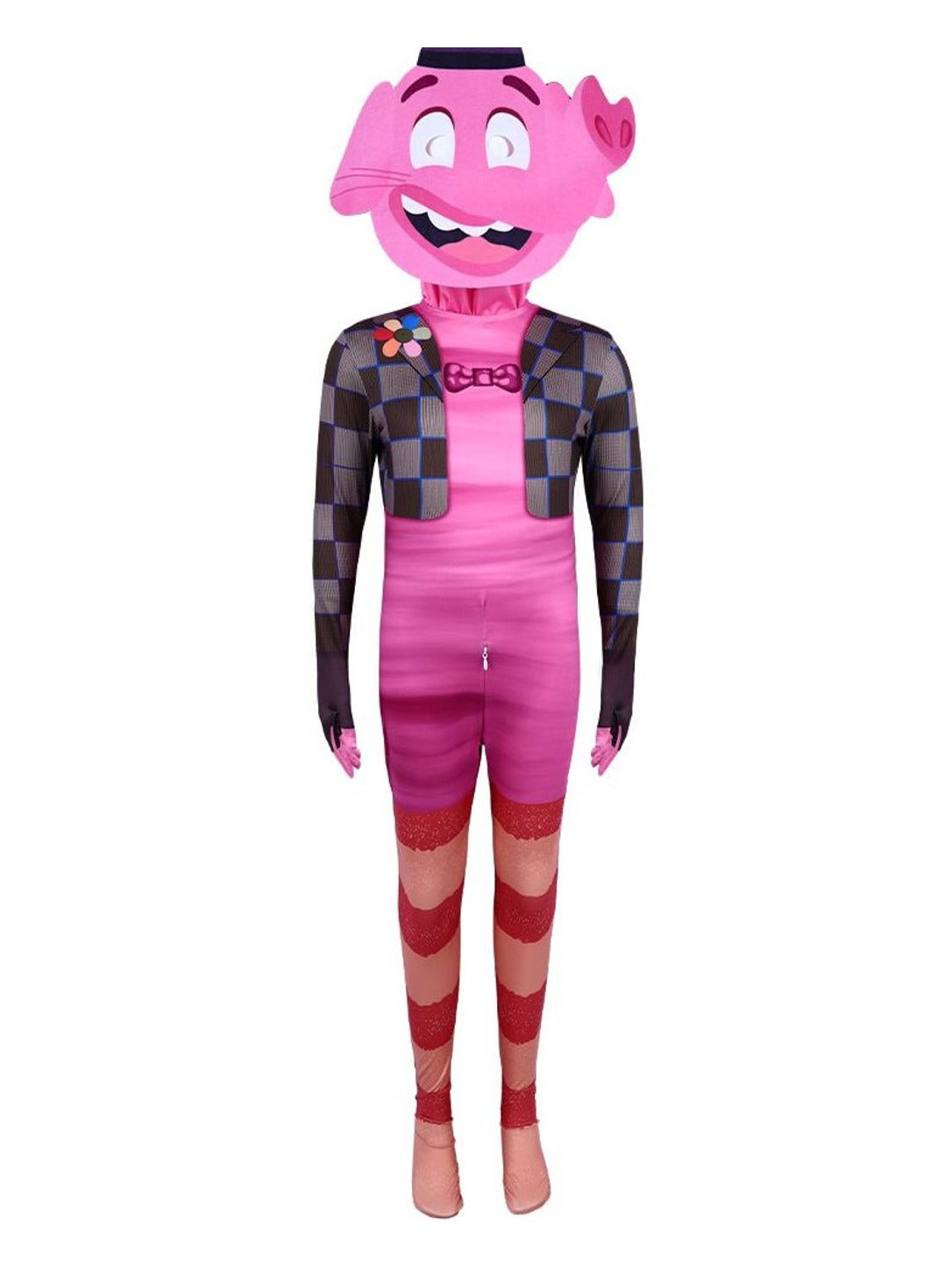 What ships: one-piece pink elephant character jumpsuit with attached hand and foot covers, front zipper, and printed character head mask