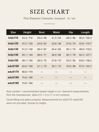Size chart for the pink elephant character jumpsuit: height, bust, waist, hip and length for kids110 to adult190 in inches and centimeters