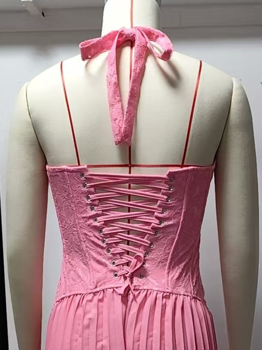 Back detail of the pink maxi dress: lace halter neck tie and criss-cross lace-up corset back
