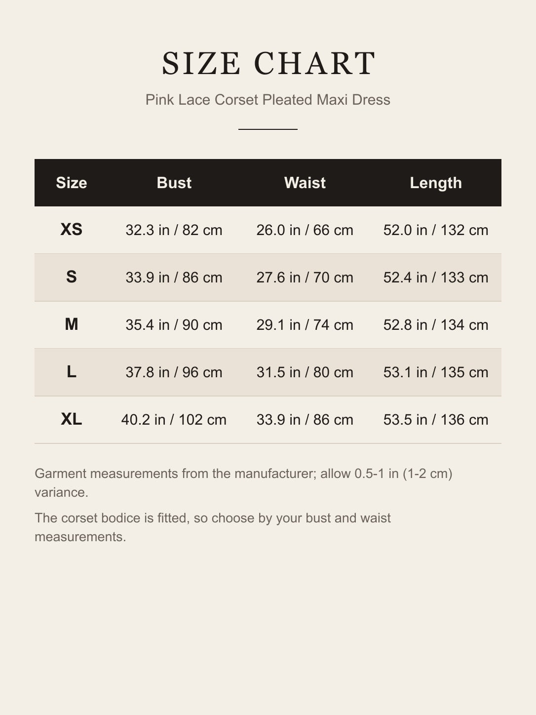 Size chart for the pink lace corset maxi dress, XS to XL bust, waist and length in inches and cm