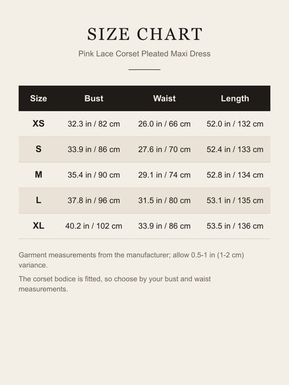Size chart for the pink lace corset maxi dress, XS to XL bust, waist and length in inches and cm