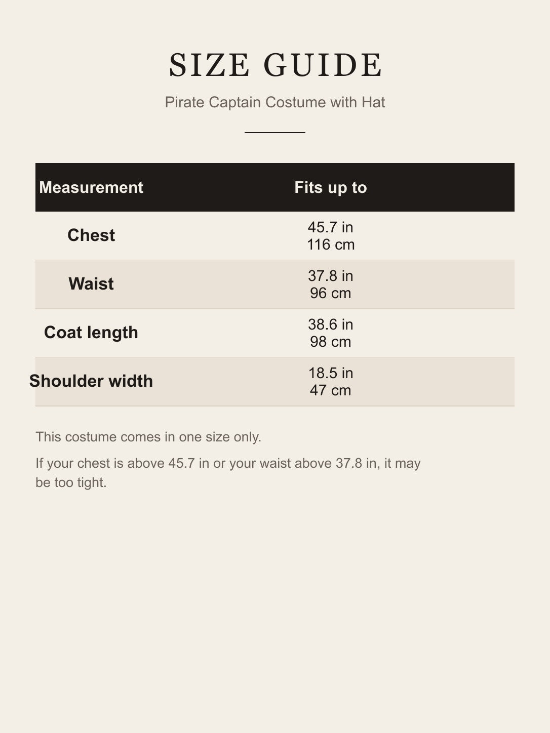 Size guide for the Pirate Captain Costume with Hat