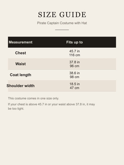 Size guide for the Pirate Captain Costume with Hat