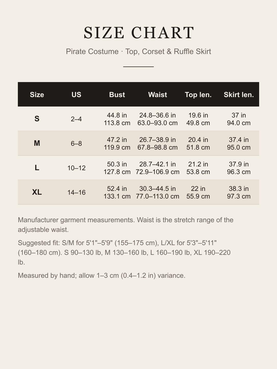 Pirate costume size chart S–XL: bust, waist, top and skirt length in inches and cm