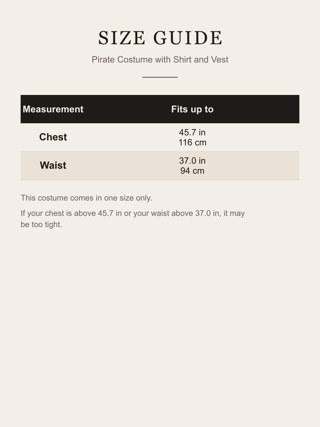 Size guide for the Pirate Costume with Shirt and Vest