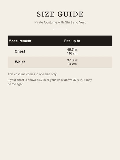 Size guide for the Pirate Costume with Shirt and Vest