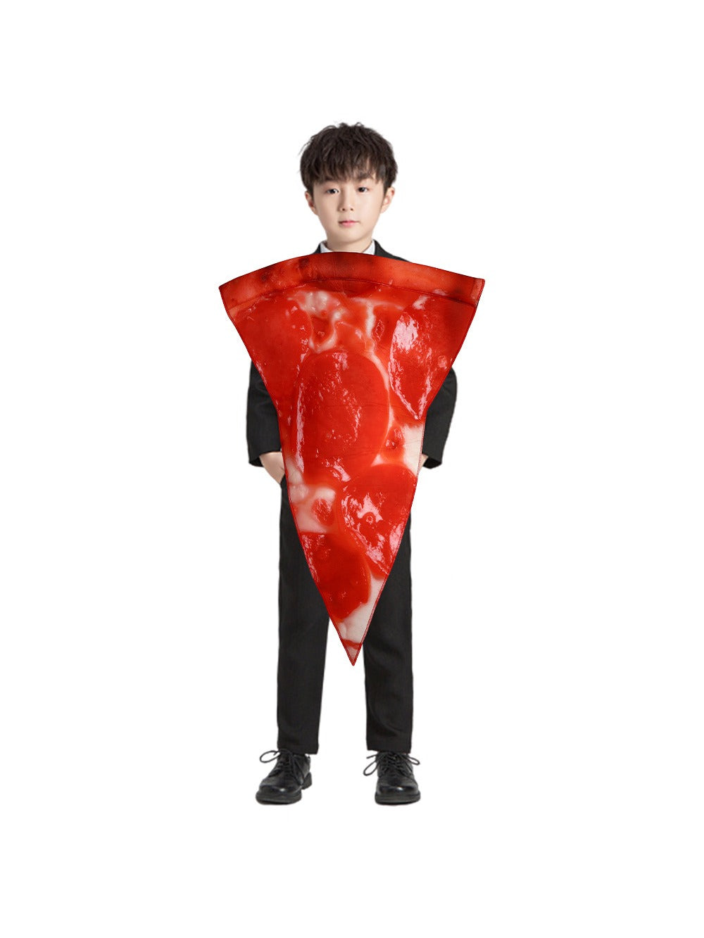 Kids version of the pizza slice costume worn by a child, front view