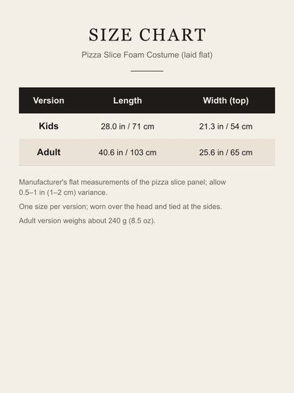 Pizza slice costume size chart: kids 71×54 cm, adult 103×65 cm