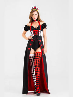 Women's Queen of Hearts Costume Long Train Dress with Puff Sleeves for Cosplay and Performances