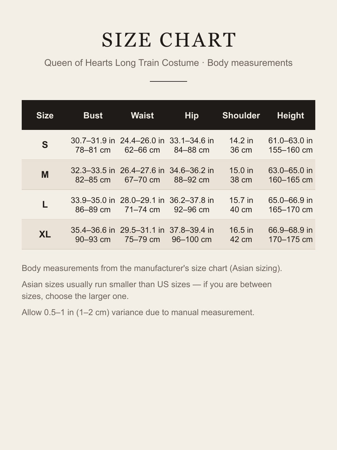 Size chart for the Queen of Hearts long train costume with bust, waist, hip, shoulder and height in inches and centimeters
