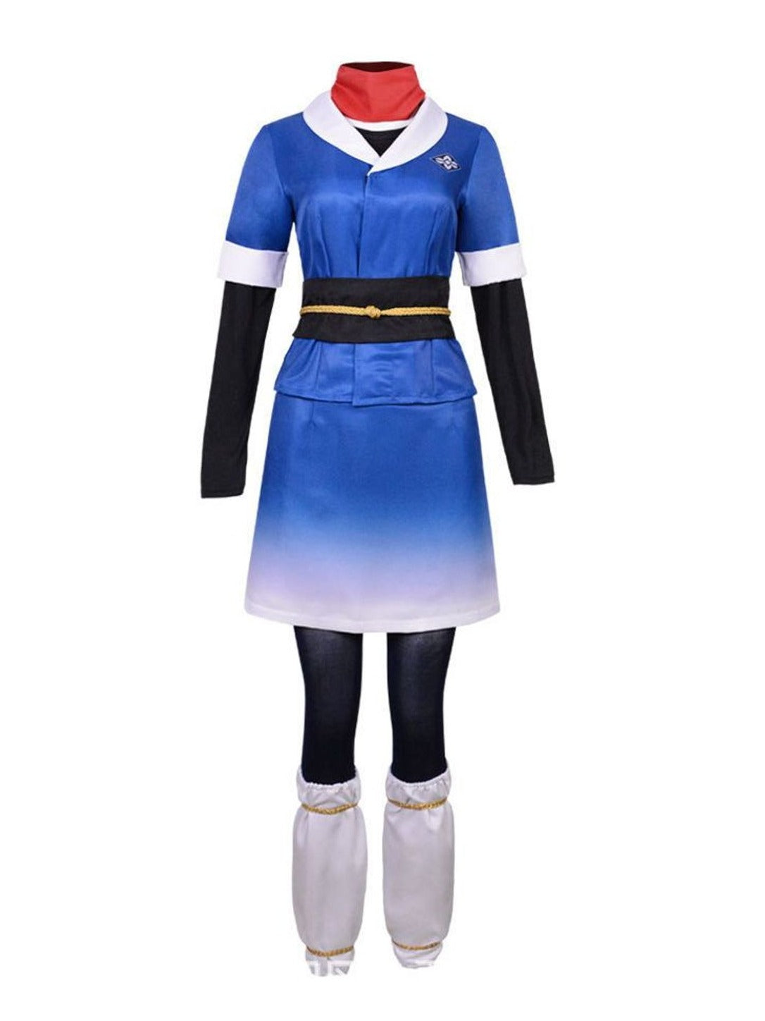 Blue and white Pokémon Legends: Arceus cosplay costume on a mannequin: blue top, black base shirt, waist sash, gradient skirt, red scarf, pants and white leg covers