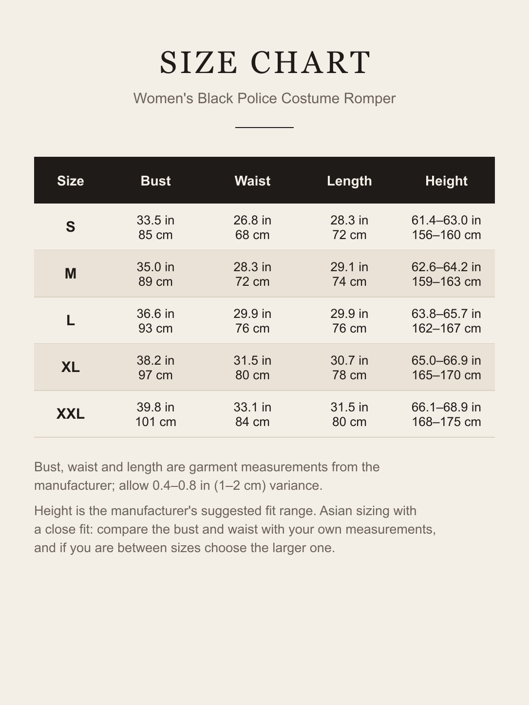 Size chart for the women's black police costume romper: bust, waist, length and suggested height for S–XXL in inches and centimeters