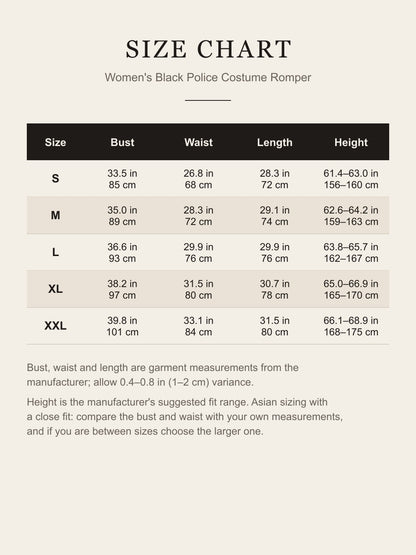 Size chart for the women's black police costume romper: bust, waist, length and suggested height for S–XXL in inches and centimeters