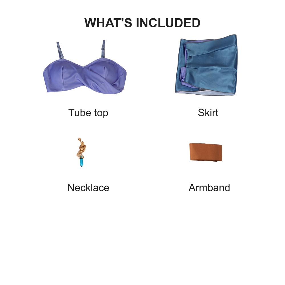What's included: purple tube top, skirt, crystal pendant necklace and armband