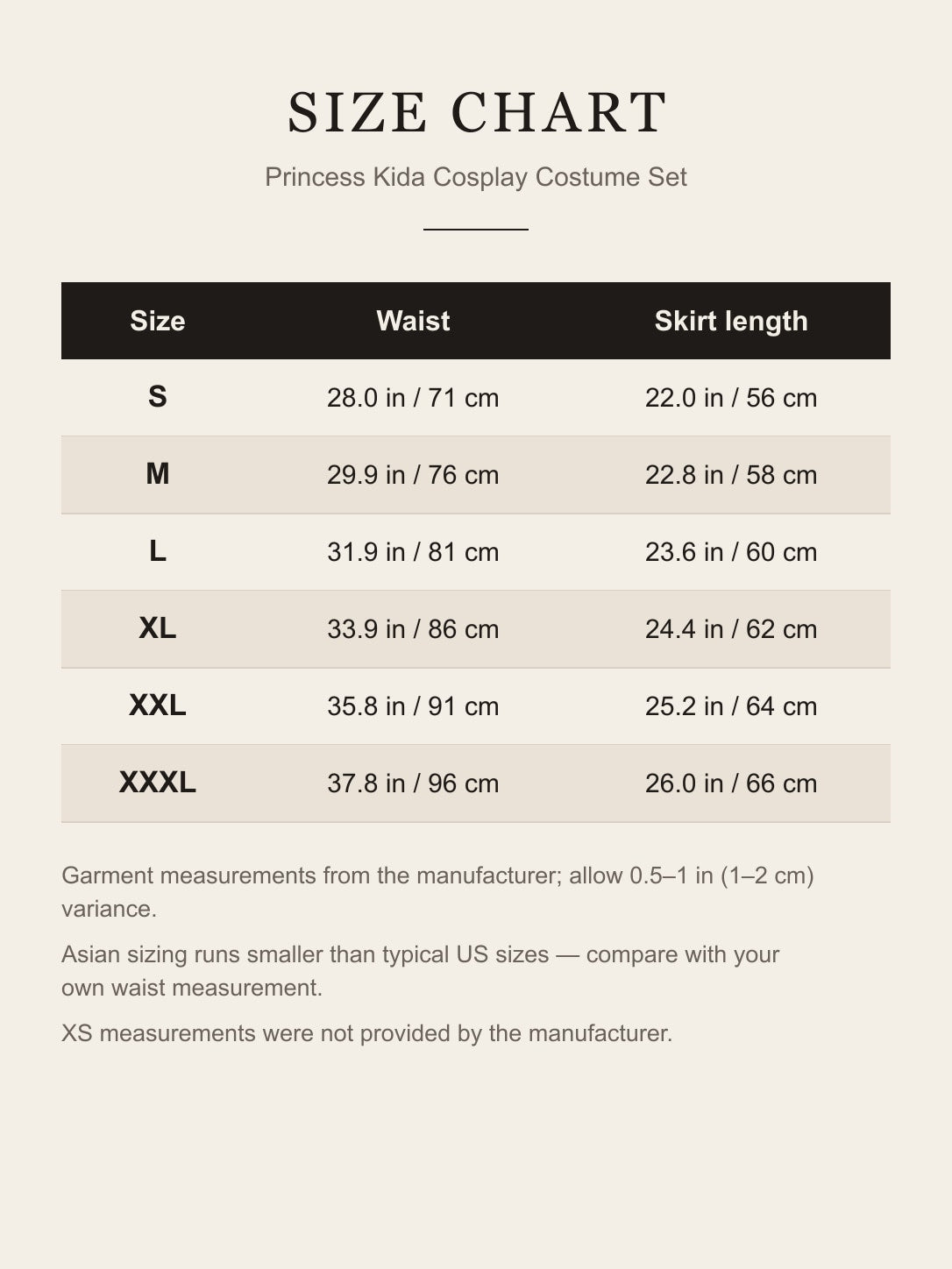 Size chart for the Princess Kida cosplay costume: waist and skirt length for S to XXXL in inches and centimeters