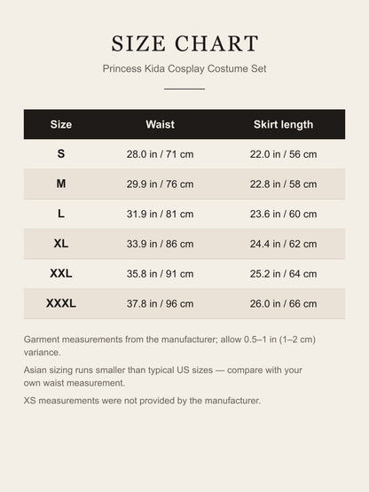 Size chart for the Princess Kida cosplay costume: waist and skirt length for S to XXXL in inches and centimeters
