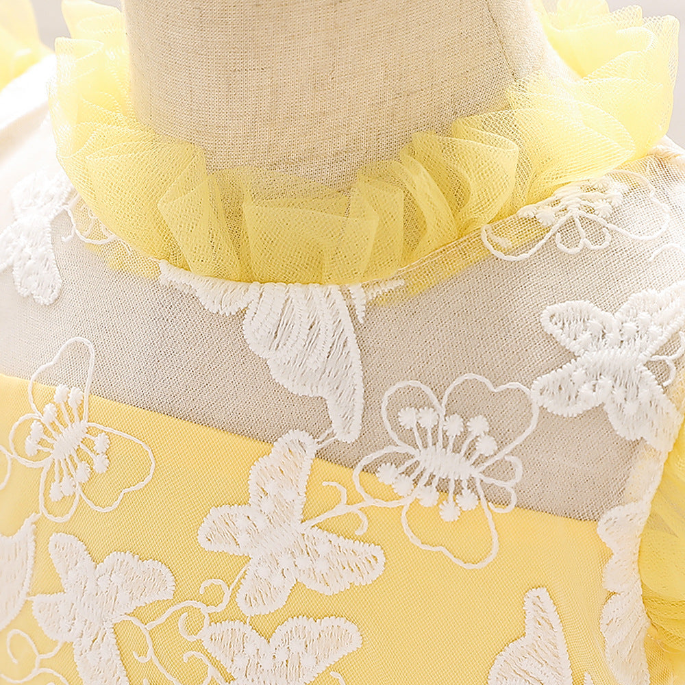 Ruffled tulle stand collar and white butterfly embroidered lace bodice on the yellow baby girls' party dress