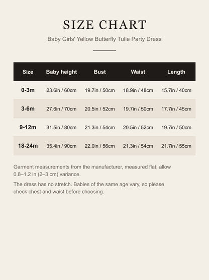 Size chart for baby girls' yellow butterfly tulle party dress, 0-3m to 18-24m, in inches and cm