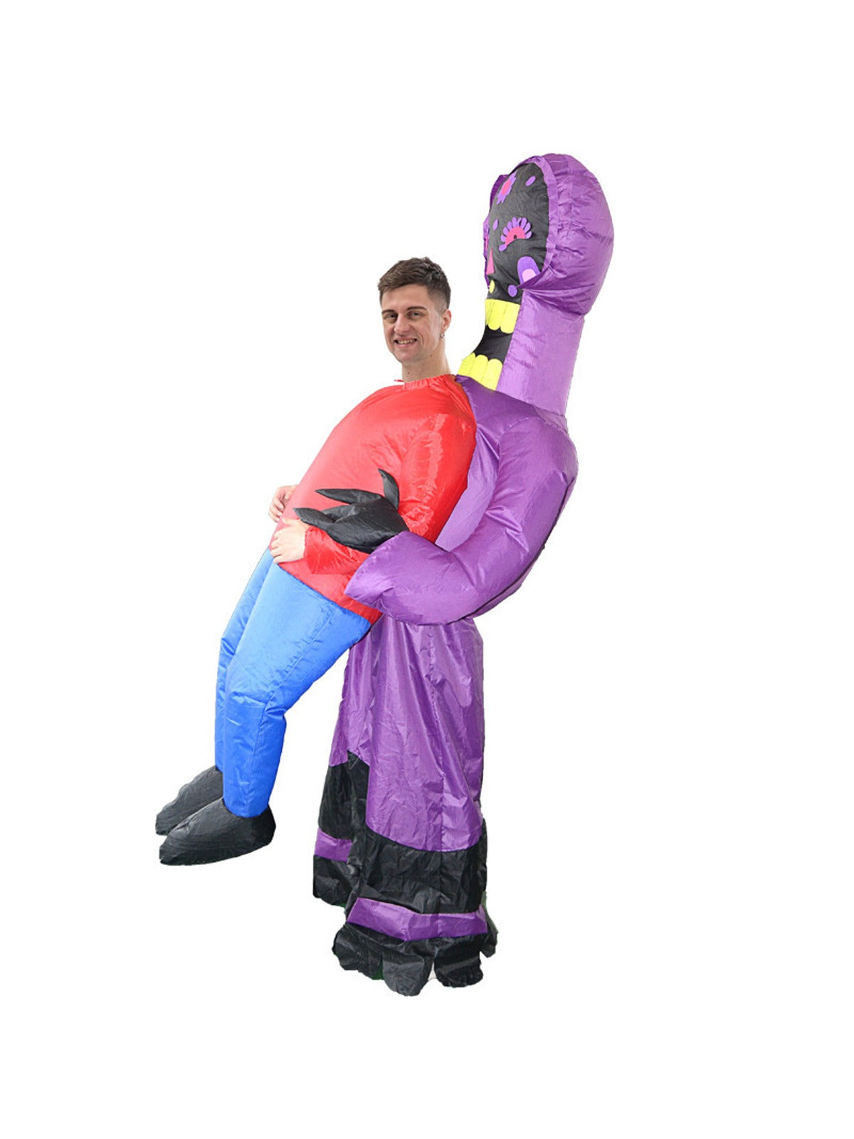 Actual product photo of the purple painted-face ghost carry-me inflatable costume on a white background