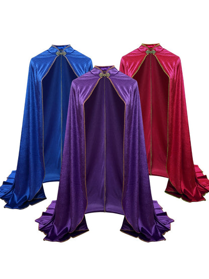Velvet cloak cape in all three colors: royal blue, purple and red, each with gold-tone trim and neck clasp