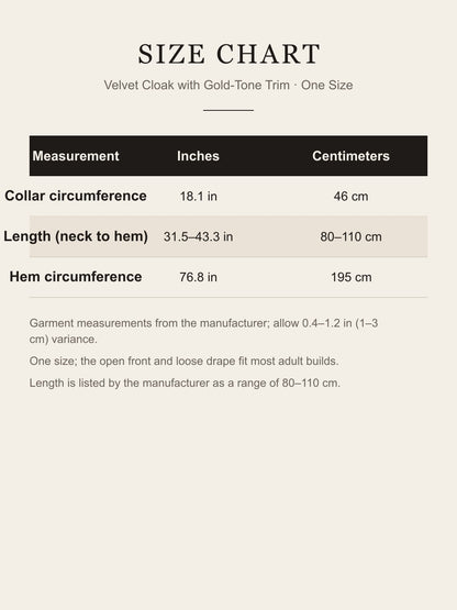 Size chart for the one-size velvet cloak: collar 18.1 in (46 cm), length 31.5–43.3 in (80–110 cm), hem 76.8 in (195 cm)
