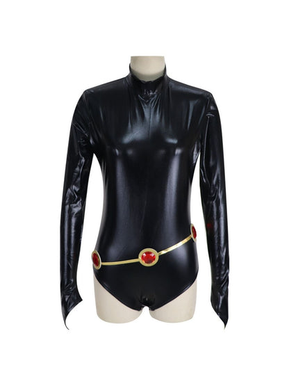 Black glossy long-sleeve bodysuit with high neck, pointed cuffs and gold waist chain with red gems