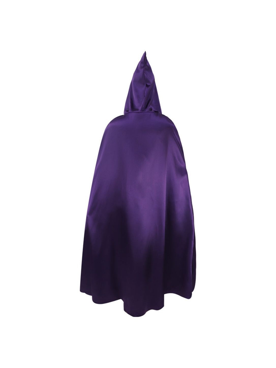Back view of the floor-length purple cape with tall pointed hood