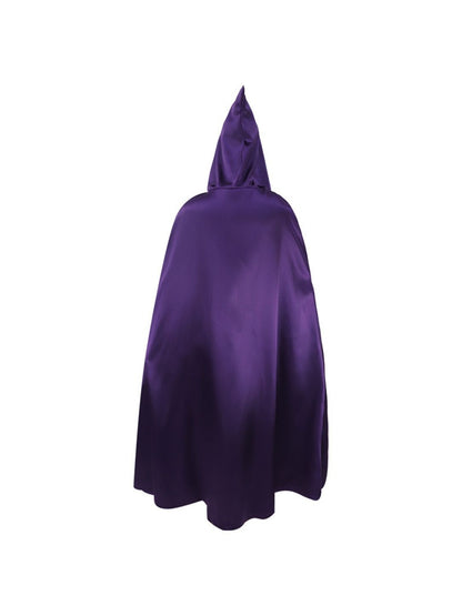 Back view of the floor-length purple cape with tall pointed hood