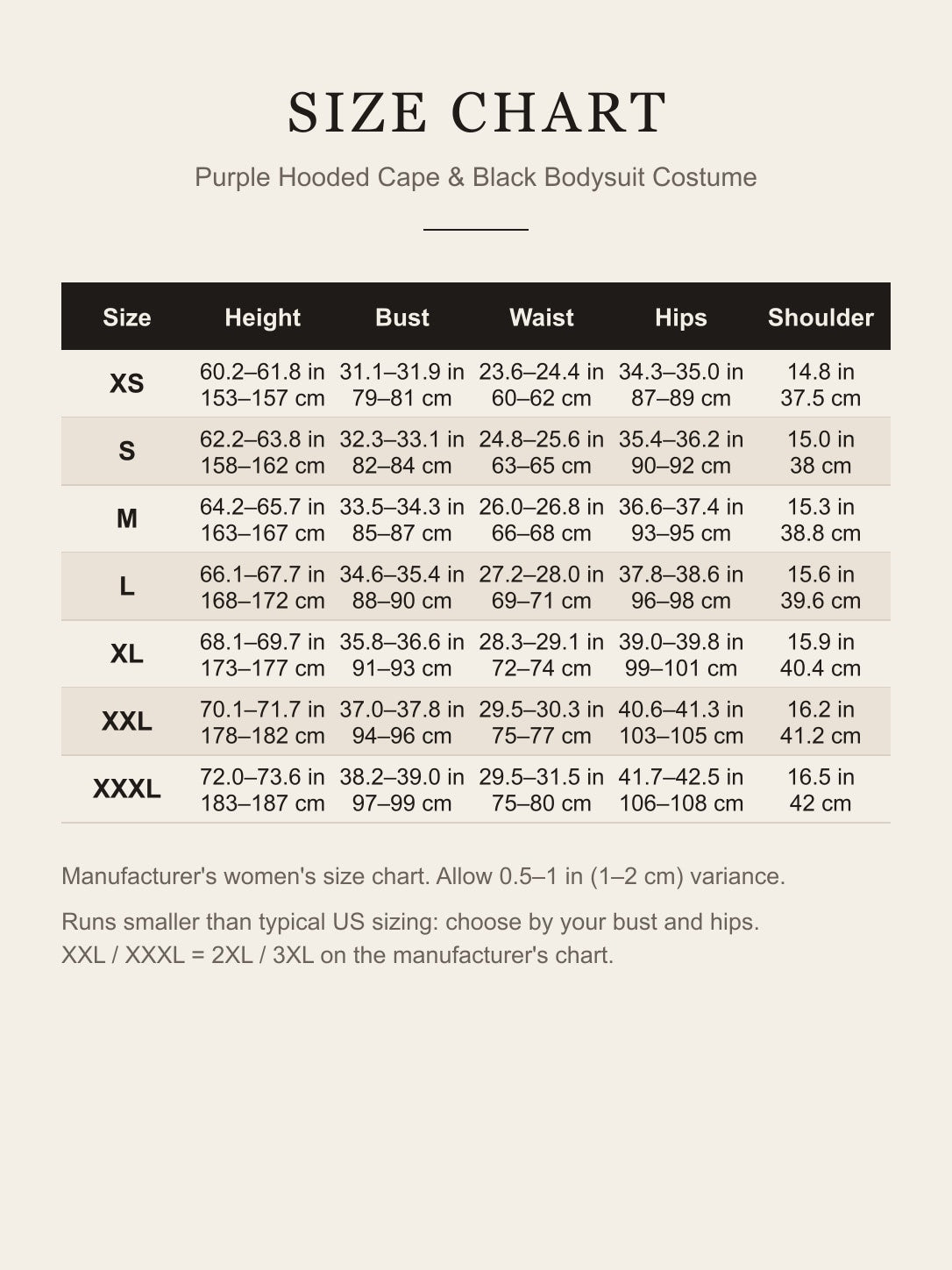Size chart for the women's purple cape and black bodysuit costume: height, bust, waist, hips and shoulder for XS to XXXL in inches and centimeters