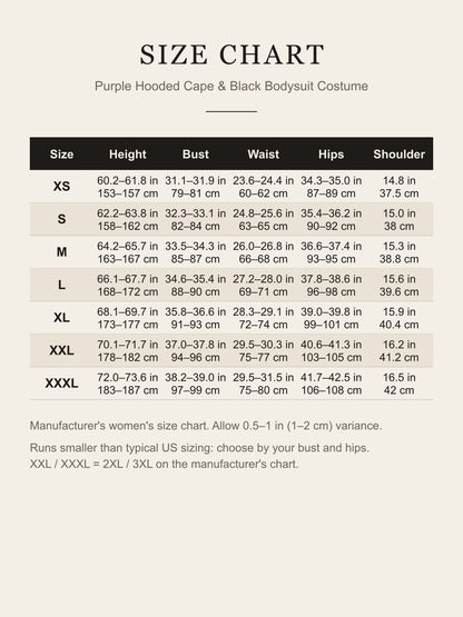 Size chart for the women's purple cape and black bodysuit costume: height, bust, waist, hips and shoulder for XS to XXXL in inches and centimeters